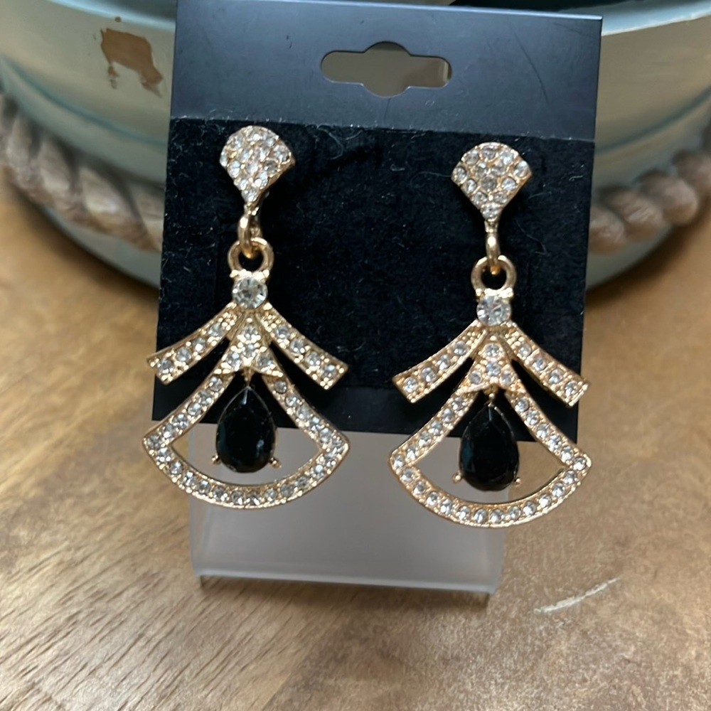 ✨ ANGEL RHINESTONE DROP DANGLE EARRINGS BLACK & GOLD NWT